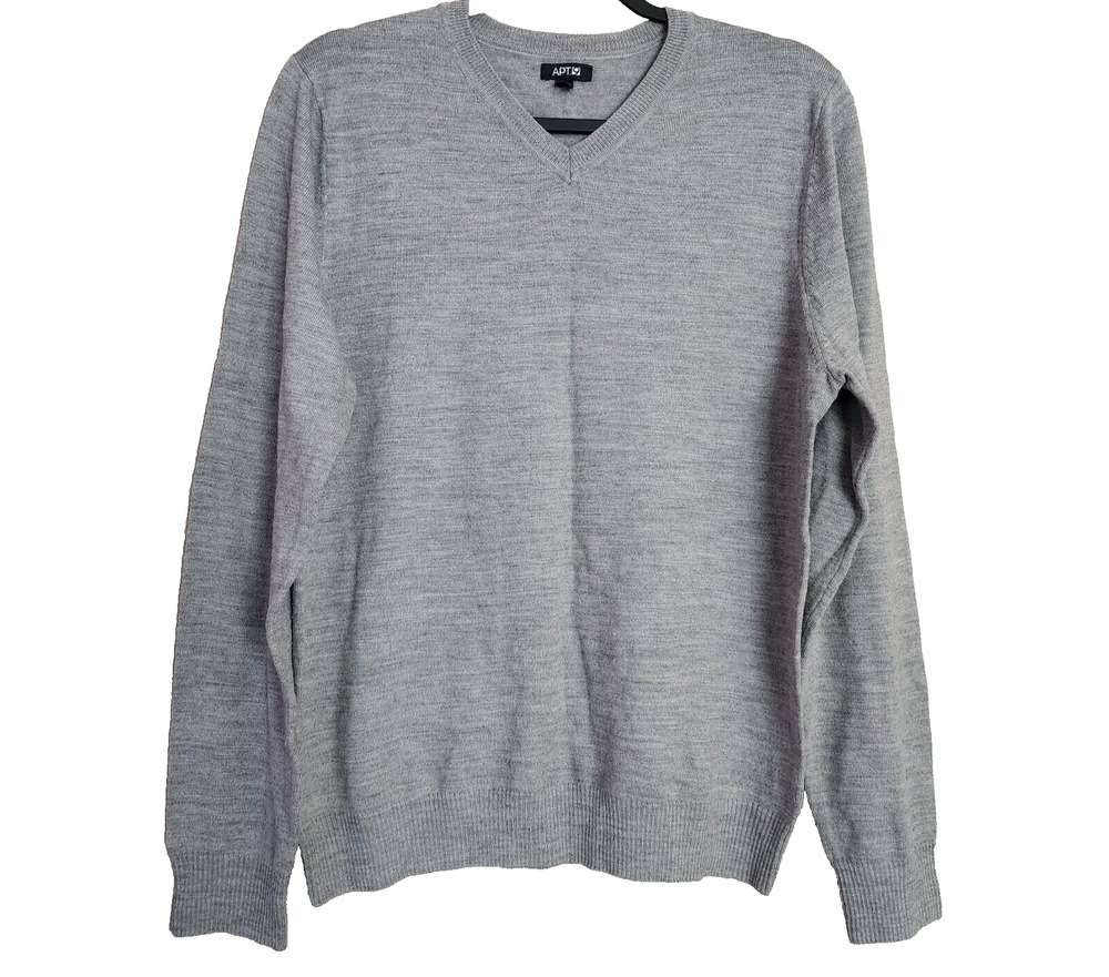 Apt 9 Mens V-Neck Sweater Size M Gray Long Sleeve Soft Merino Wool Blend